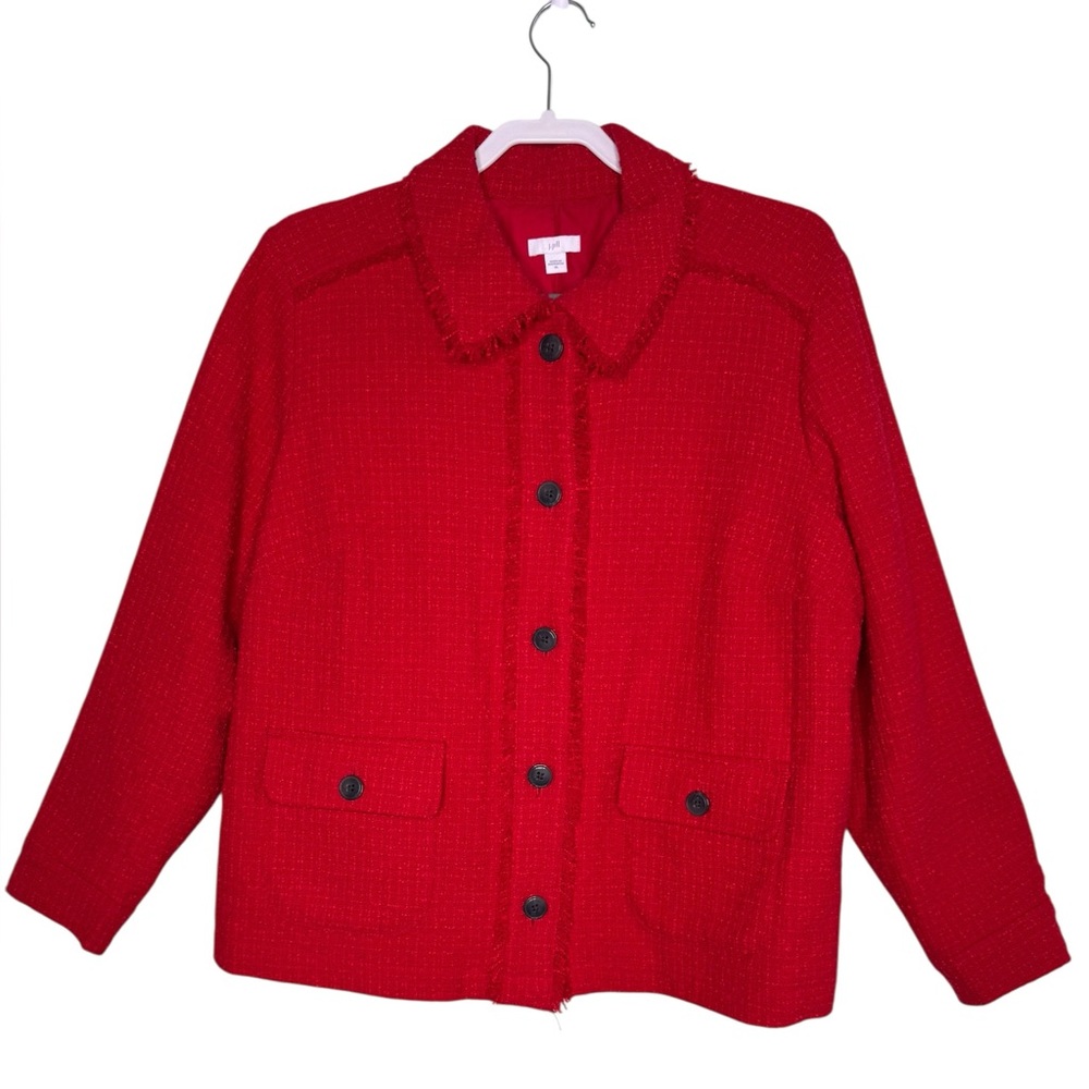J. Jill Womens Ruby Red Textured Tweed Button Front Fringe Jacket Size XL